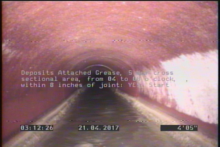 Deposits Attached Grease, 5 %of cross sectional area, from 04 to 08 o'clock, , within 8 inches of joint: YES, Start