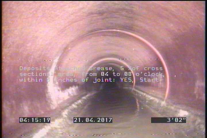 Deposits Attached Grease, 5 %of cross sectional area, from 04 to 08 o'clock, , within 8 inches of joint: YES, Start
