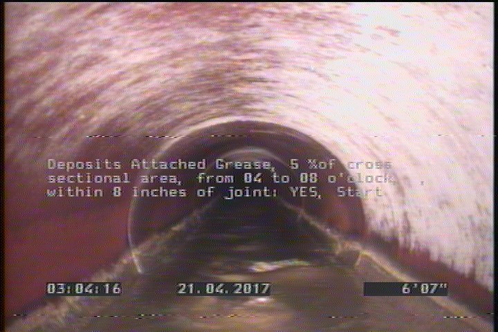 Deposits Attached Grease, 5 %of cross sectional area, from 04 to 08 o'clock, , within 8 inches of joint: YES, Start