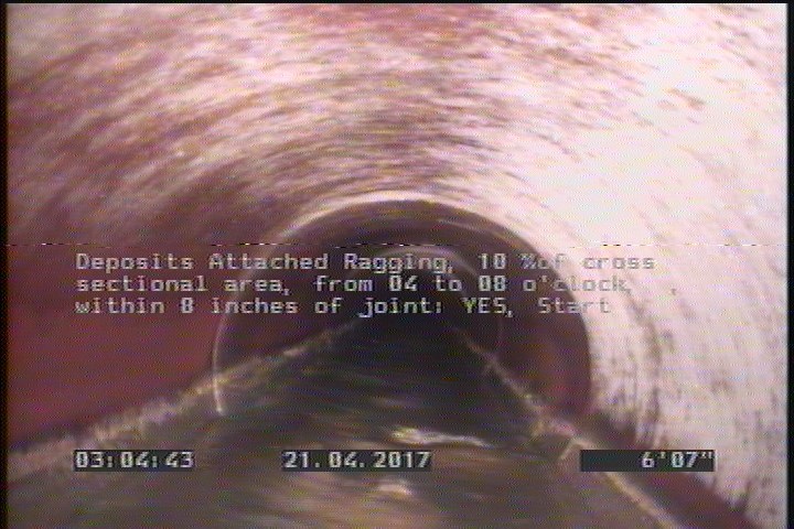 Deposits Attached Ragging, 10 %of cross sectional area, from 04 to 08 o'clock, , within 8 inches of joint: YES, Start