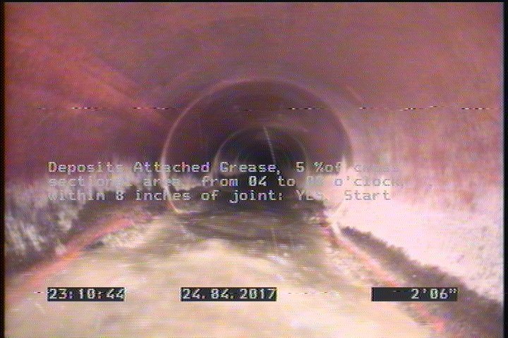 Deposits Attached Grease, 5 %of cross sectional area, from 04 to 08 o'clock, , within 8 inches of joint: YES, Start
