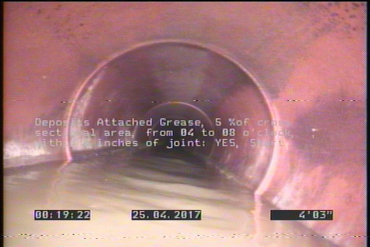 Deposits Attached Grease, 5 %of cross sectional area, from 04 to 08 o'clock, , within 8 inches of joint: YES, Start