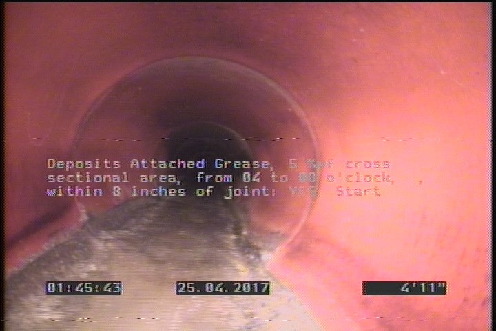 Deposits Attached Grease, 5 %of cross sectional area, from 04 to 08 o'clock, , within 8 inches of joint: YES, Start