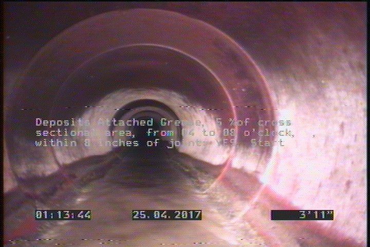 Deposits Attached Grease, 5 %of cross sectional area, from 04 to 08 o'clock, , within 8 inches of joint: YES, Start