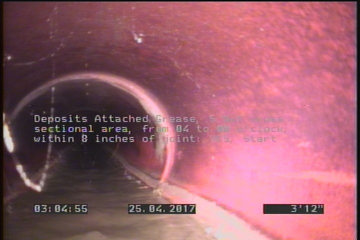 Deposits Attached Grease, 5 %of cross sectional area, from 04 to 08 o'clock, , within 8 inches of joint: YES, Start