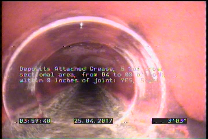 Deposits Attached Grease, 5 %of cross sectional area, from 04 to 08 o'clock, , within 8 inches of joint: YES, Start