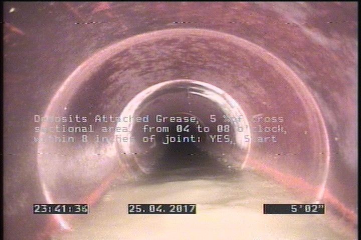 Deposits Attached Grease, 5 %of cross sectional area, from 04 to 08 o'clock, , within 8 inches of joint: YES, Start