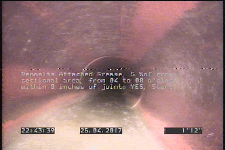 Deposits Attached Grease, 5 %of cross sectional area, from 04 to 08 o'clock, , within 8 inches of joint: YES, Start