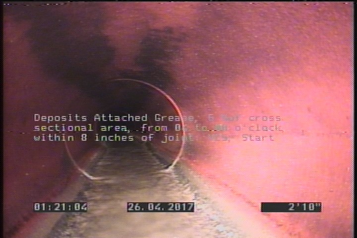Deposits Attached Grease, 5 %of cross sectional area, from 04 to 08 o'clock, , within 8 inches of joint: YES, Start