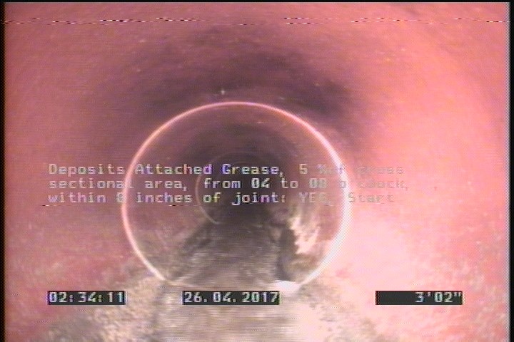 Deposits Attached Grease, 5 %of cross sectional area, from 04 to 08 o'clock, , within 8 inches of joint: YES, Start
