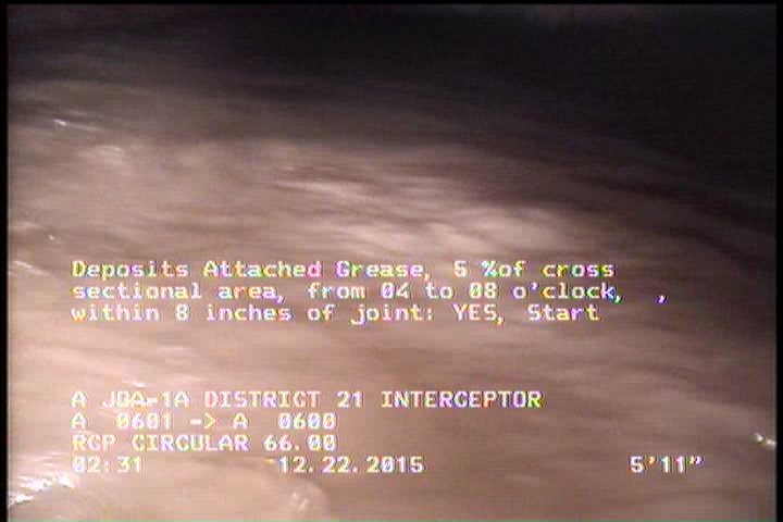 Deposits Attached Grease, 5 %of cross sectional area, from 04 to 08 o'clock, , within 8 inches of joint: YES, Start