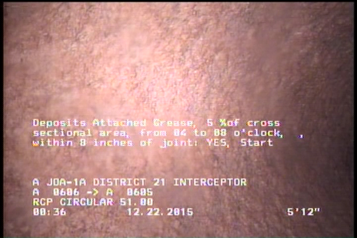 Deposits Attached Grease, 5 %of cross sectional area, from 04 to 08 o'clock, , within 8 inches of joint: YES, Start
