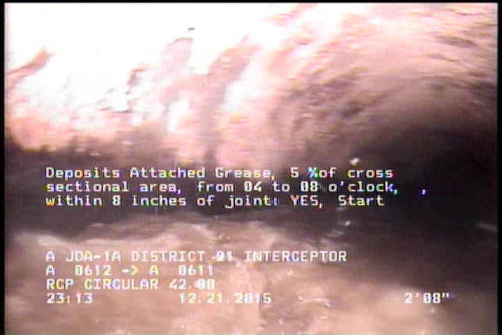 Deposits Attached Grease, 5 %of cross sectional area, from 04 to 08 o'clock, , within 8 inches of joint: YES, Start