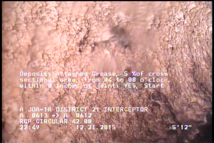 Deposits Attached Grease, 5 %of cross sectional area, from 04 to 08 o'clock, , within 8 inches of joint: YES, Start