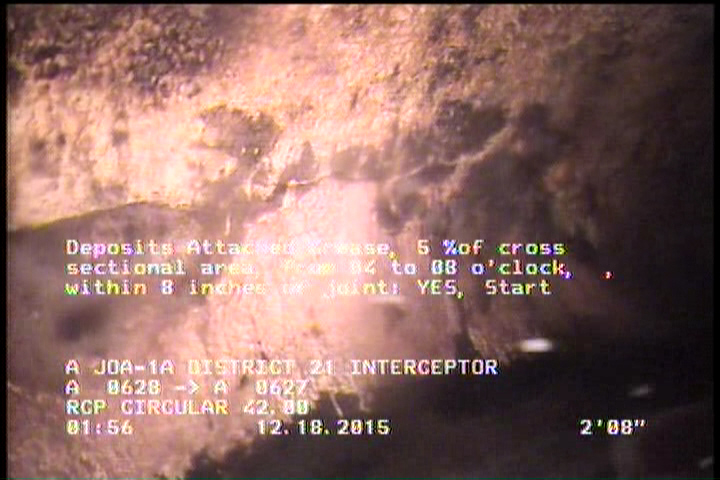 Deposits Attached Grease, 5 %of cross sectional area, from 04 to 08 o'clock, , within 8 inches of joint: YES, Start