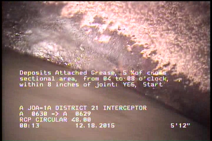 Deposits Attached Grease, 5 %of cross sectional area, from 04 to 08 o'clock, , within 8 inches of joint: YES, Start