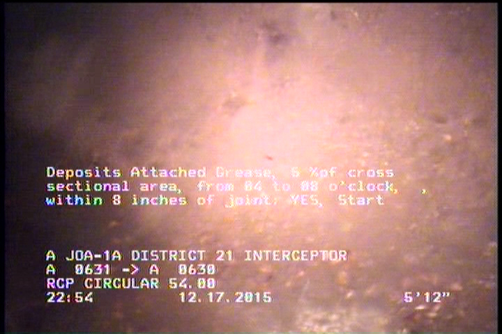 Deposits Attached Grease, 5 %of cross sectional area, from 04 to 08 o'clock, , within 8 inches of joint: YES, Start