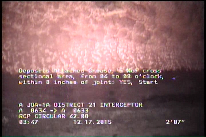 Deposits Attached Grease, 5 %of cross sectional area, from 04 to 08 o'clock, , within 8 inches of joint: YES, Start