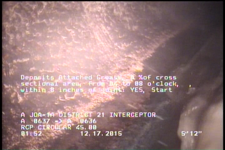 Deposits Attached Grease, 5 %of cross sectional area, from 04 to 08 o'clock, , within 8 inches of joint: YES, Start