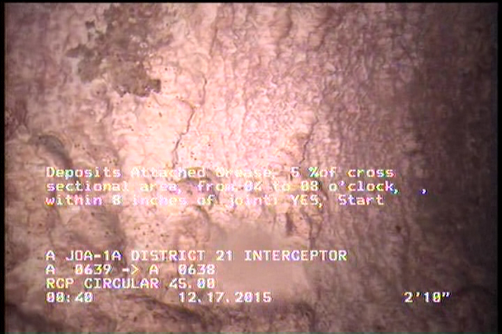 Deposits Attached Grease, 5 %of cross sectional area, from 04 to 08 o'clock, , within 8 inches of joint: YES, Start