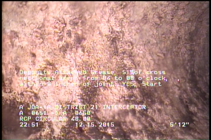 Deposits Attached Grease, 5 %of cross sectional area, from 04 to 08 o'clock, , within 8 inches of joint: YES, Start