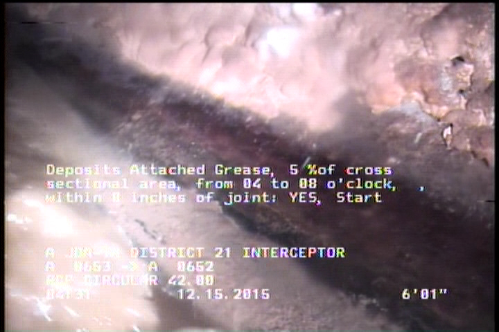 Deposits Attached Grease, 5 %of cross sectional area, from 04 to 08 o'clock, , within 8 inches of joint: YES, Start
