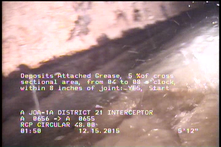 Deposits Attached Grease, 5 %of cross sectional area, from 04 to 08 o'clock, , within 8 inches of joint: YES, Start
