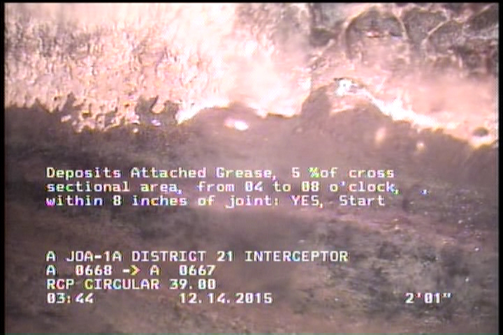Deposits Attached Grease, 5 %of cross sectional area, from 04 to 08 o'clock, , within 8 inches of joint: YES, Start