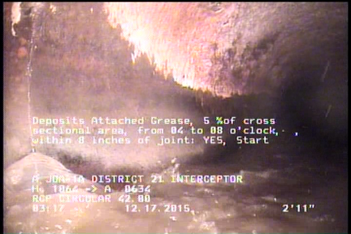 Deposits Attached Grease, 5 %of cross sectional area, from 04 to 08 o'clock, , within 8 inches of joint: YES, Start