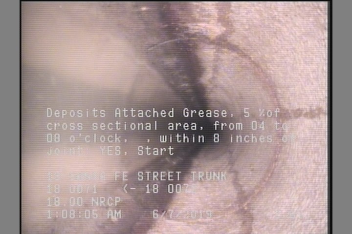 Deposits Attached Grease, 5 %of cross sectional area, from 04 to 08 o'clock, , within 8 inches of joint: YES, Start