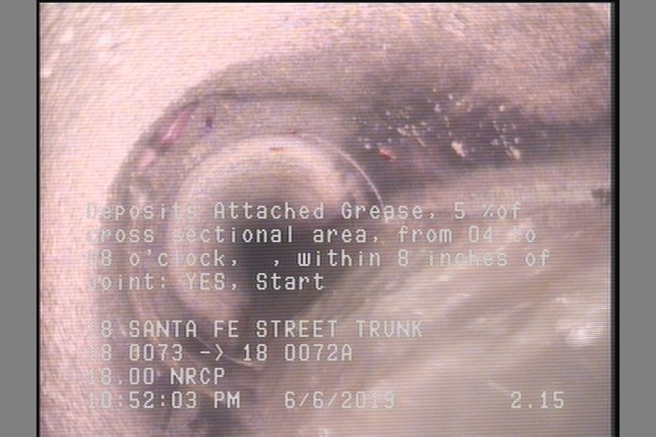 Deposits Attached Grease, 5 %of cross sectional area, from 04 to 08 o'clock, , within 8 inches of joint: YES, Start