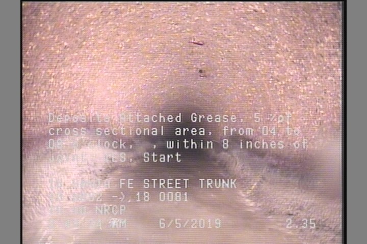 Deposits Attached Grease, 5 %of cross sectional area, from 04 to 08 o'clock, , within 8 inches of joint: YES, Start