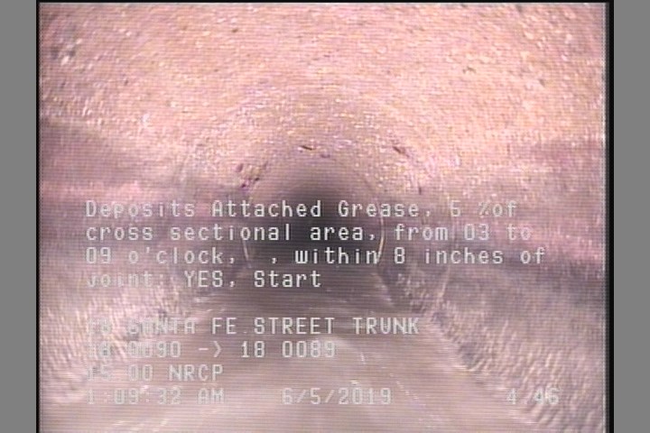 Deposits Attached Grease, 5 %of cross sectional area, from 03 to 09 o'clock, , within 8 inches of joint: YES, Start