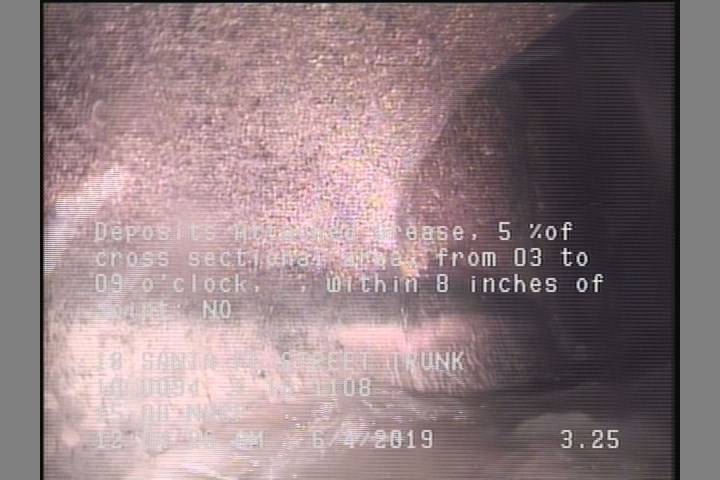 Deposits Attached Grease, 5 %of cross sectional area, from 03 to 09 o'clock, , within 8 inches of joint: NO