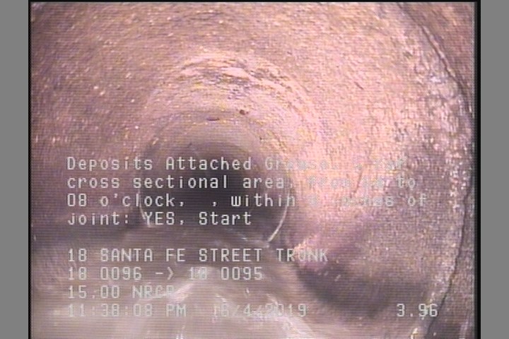 Deposits Attached Grease, 5 %of cross sectional area, from 04 to 08 o'clock, , within 8 inches of joint: YES, Start