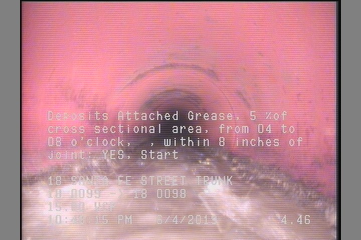 Deposits Attached Grease, 5 %of cross sectional area, from 04 to 08 o'clock, , within 8 inches of joint: YES, Start