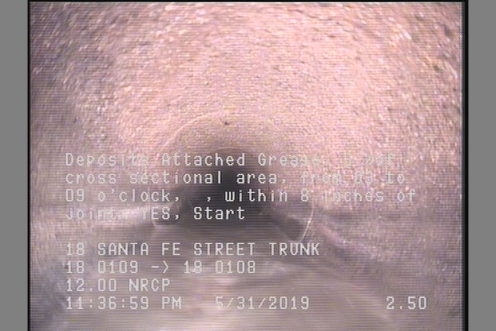 Deposits Attached Grease, 5 %of cross sectional area, from 03 to 09 o'clock, , within 8 inches of joint: YES, Start