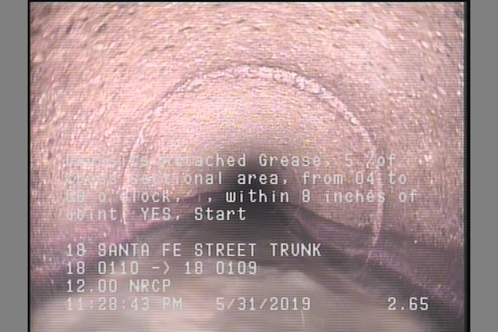 Deposits Attached Grease, 5 %of cross sectional area, from 04 to 08 o'clock, , within 8 inches of joint: YES, Start