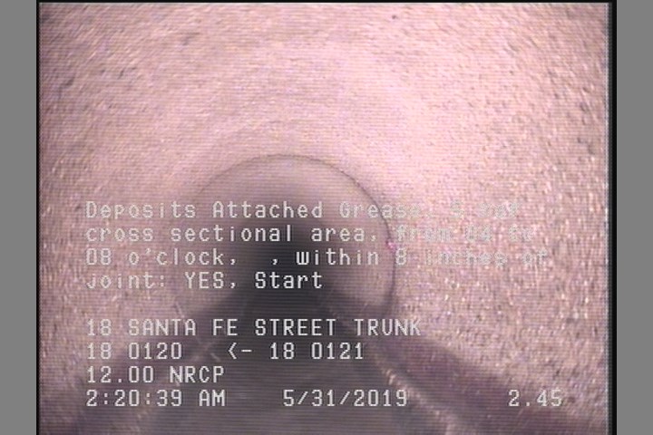 Deposits Attached Grease, 5 %of cross sectional area, from 04 to 08 o'clock, , within 8 inches of joint: YES, Start