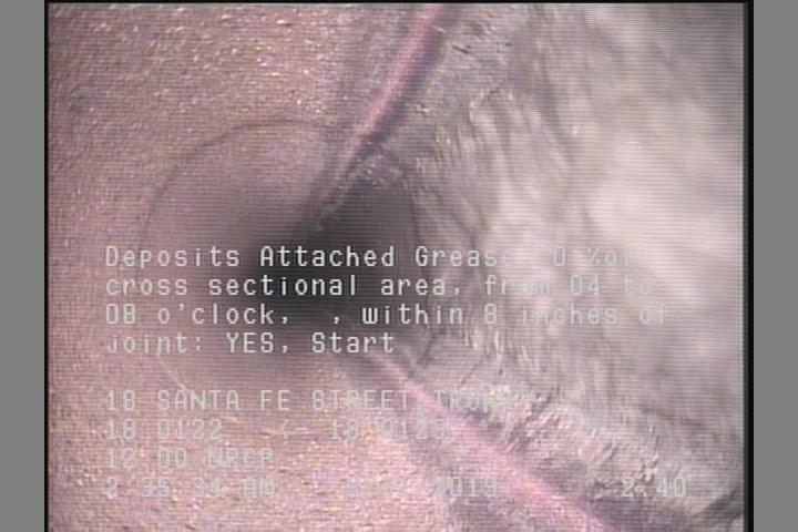 Deposits Attached Grease, 0 %of cross sectional area, from 04 to 08 o'clock, , within 8 inches of joint: YES, Start