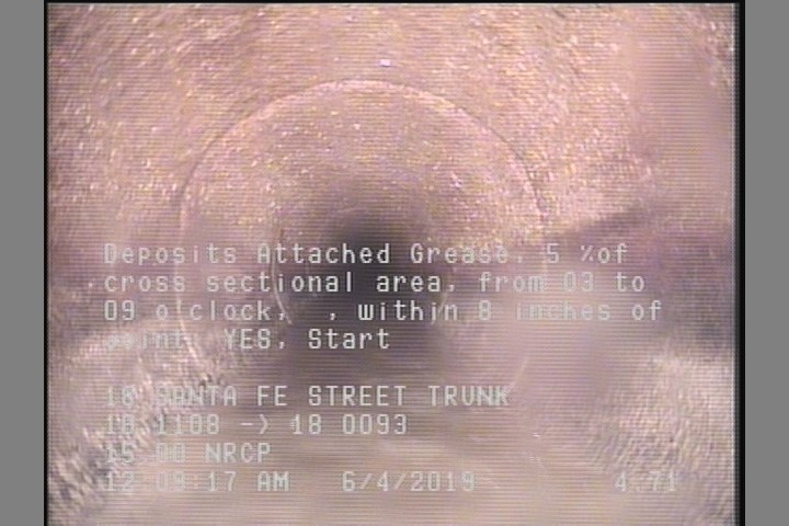 Deposits Attached Grease, 5 %of cross sectional area, from 03 to 09 o'clock, , within 8 inches of joint: YES, Start