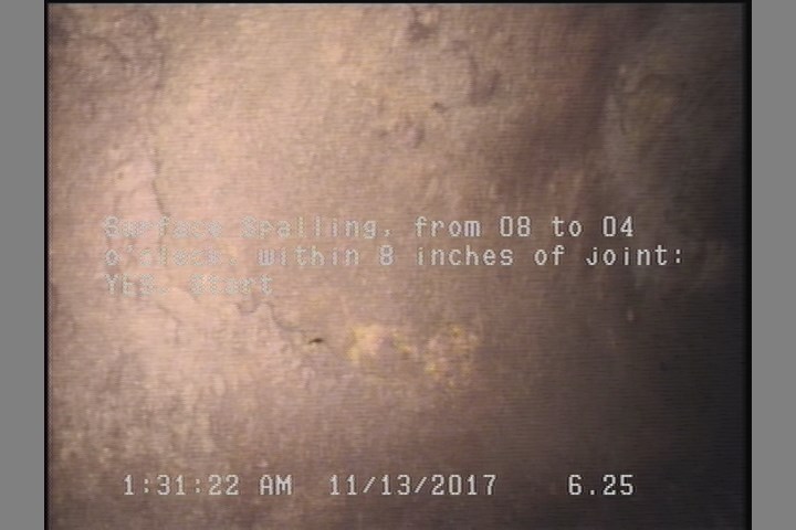 Surface Spalling, from 08 to 04 o'clock, within 8 inches of joint: YES, Start