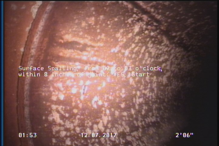 Surface Spalling, from 09 to 03 o'clock, within 8 inches of joint: YES, Start