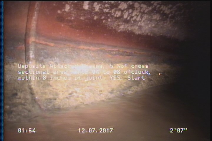 Deposits Attached Grease, 5 %of cross sectional area, from 04 to 08 o'clock, , within 8 inches of joint: YES, Start