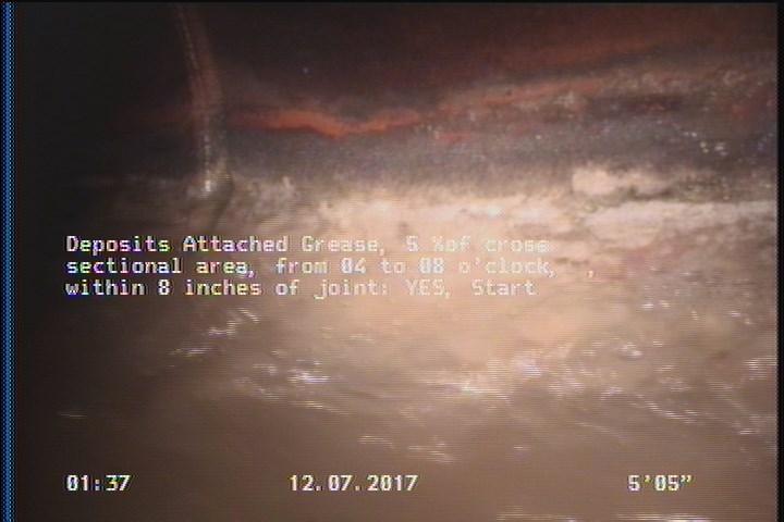 Deposits Attached Grease, 5 %of cross sectional area, from 04 to 08 o'clock, , within 8 inches of joint: YES, Start