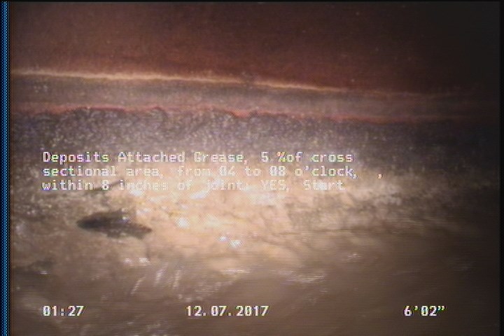 Deposits Attached Grease, 5 %of cross sectional area, from 04 to 08 o'clock, , within 8 inches of joint: YES, Start