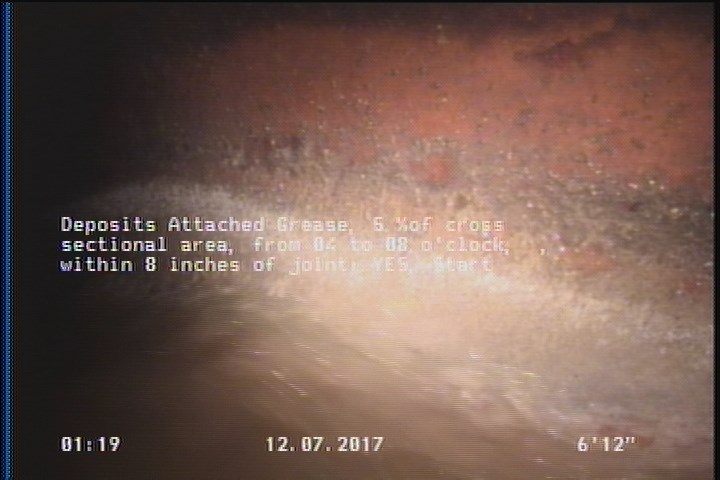 Deposits Attached Grease, 5 %of cross sectional area, from 04 to 08 o'clock, , within 8 inches of joint: YES, Start