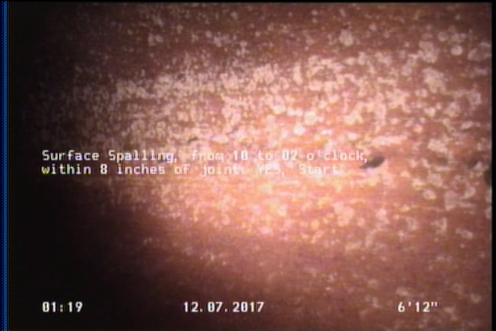 Surface Spalling, from 10 to 02 o'clock, within 8 inches of joint: YES, Start
