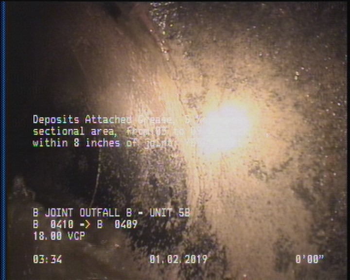 Deposits Attached Grease, 5 %of cross sectional area, from 03 to 09 o'clock, , within 8 inches of joint: YES, Start