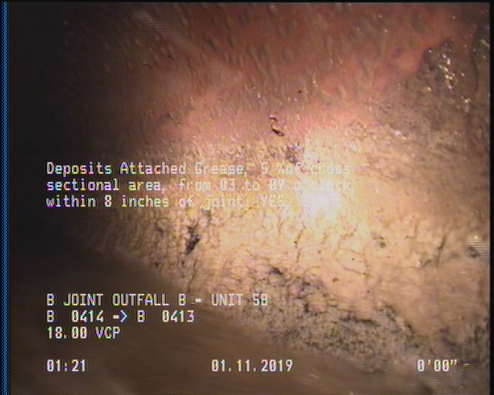 Deposits Attached Grease, 5 %of cross sectional area, from 03 to 09 o'clock, , within 8 inches of joint: YES, Start